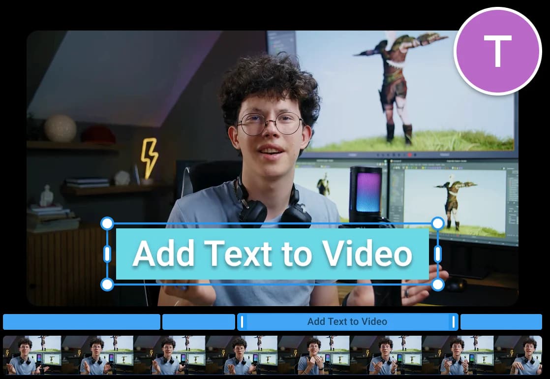 Strumento Aggiungi testo al video di Videmix. L'anteprima mostra un ragazzo sorridente con occhiali nell'interfaccia dell'editor.