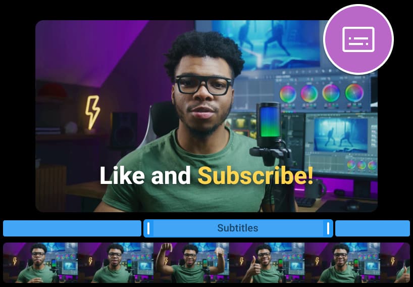 Video subtitles tool. Preview shows a man looking at the camera with the subtitle 'Like and Subscribe' text.