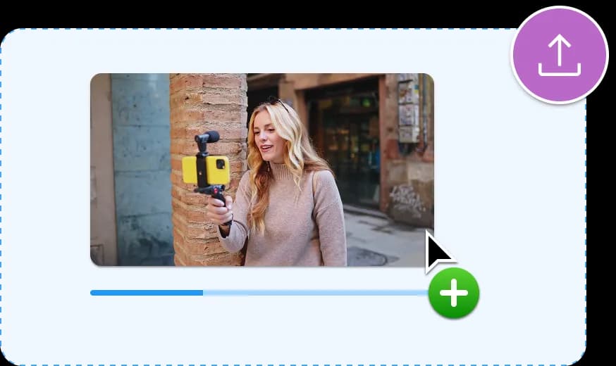 Illustrazione dell'interfaccia di caricamento video con anteprima di una donna che registra un video sul telefono.