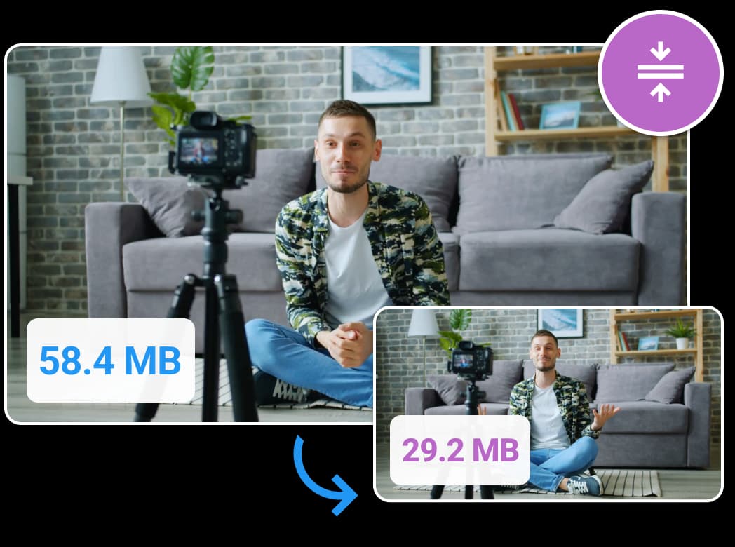 Video Compressor tool displaying results with two video previews. The previews show a man talking to the camera.