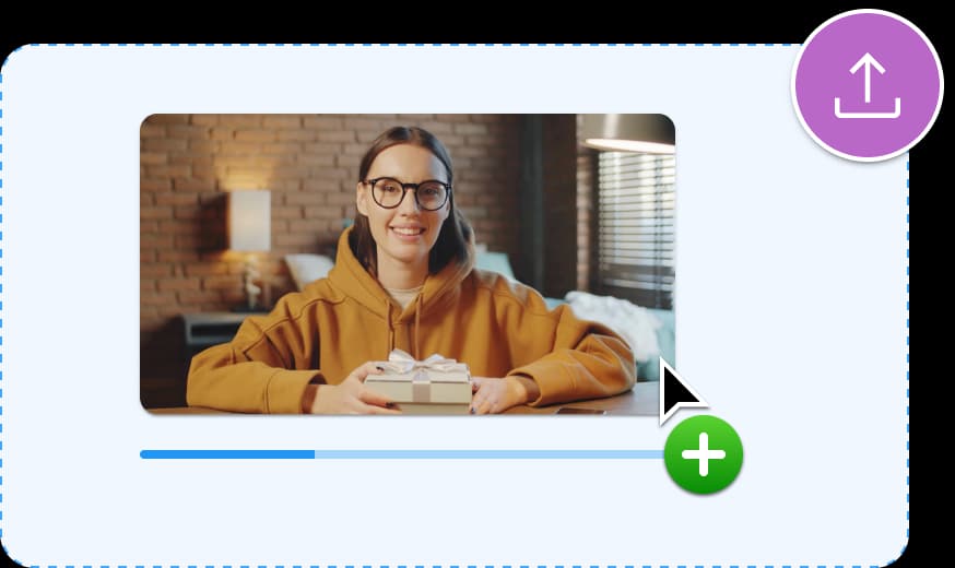 Video uploading process with a progress indicator. The preview features a smiling woman.