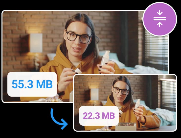 Compress Video results showing two video previews. The previews display a woman looking at the camera.