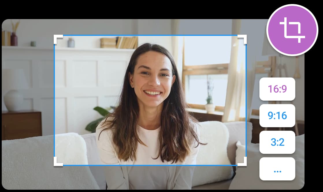Crop Video interface na may preset options. Ang preview image ay nagpapakita ng babaeng nakangiti na nakaupo sa sofa.