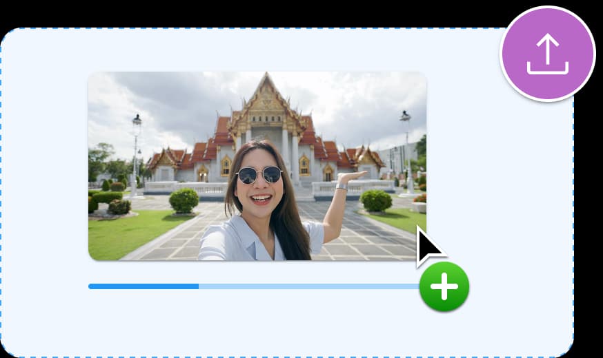 Video upload interface na nagpapakita ng progress bar. Ang preview image ay nagpapakita ng babaeng nakasuot ng salamin sa mata.