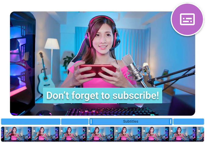 Add Subtitles to Video tool interface. Preview shows a smiling woman and the subtitle text Don’t forget to subscribe.