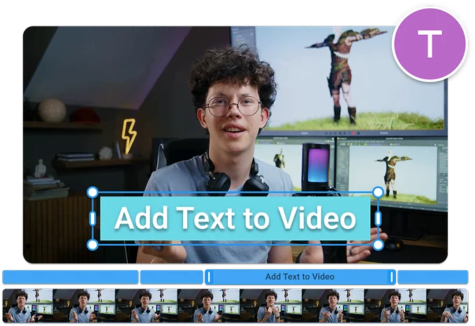 Interfaccia dello strumento Aggiungi testo al video. L'anteprima mostra un ragazzo sorridente con occhiali nell'editor video.